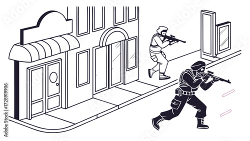 Two armed soldiers in tactical gear advance down a street near a building.