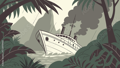 A vintage steamship navigates a narrow river surrounded by lush jungle foliage and distant mountains.