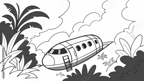 Cartoon image of a crashed airplane in a jungle setting.