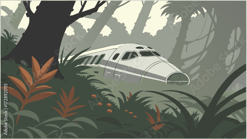 A futuristic train lies abandoned and overgrown in a dense, misty jungle.