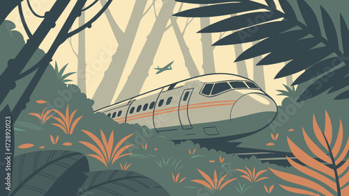 An illustration of a modern passenger train traveling on tracks through a dense, stylized jungle with an airplane flying overhead.