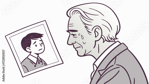 An elderly man with tears in his eyes looks at a framed photograph of his younger self, evoking a sense of nostalgia and regret.