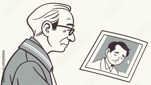 Elderly man sadly gazes at a framed photo of a younger, distressed man, evoking feelings of loss or memory.