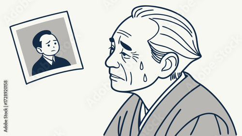 Illustration of an elderly man crying while looking at a photo of a young man.