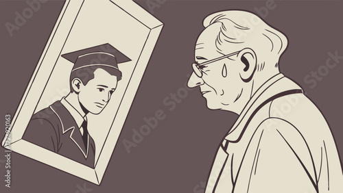 An elderly man gazes at a framed photograph of a younger version of himself in graduation attire, with a tear rolling down his cheek.