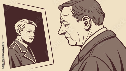 Older man looking at a framed picture of a younger man.