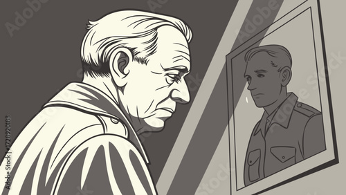 An elderly man reflects on his past, looking at a photograph of his younger self in a comic book style illustration.