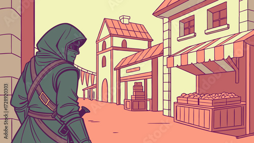 Illustration of a hooded figure in a medieval town street.