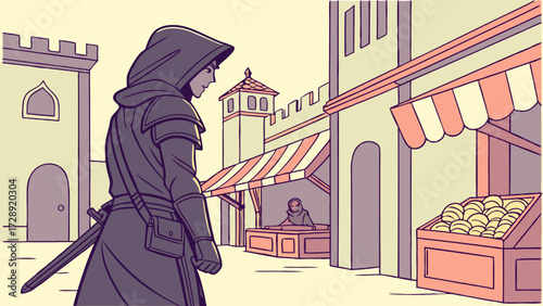 A mysterious hooded figure with a sword stands in a medieval town marketplace, depicted in a comic book art style.