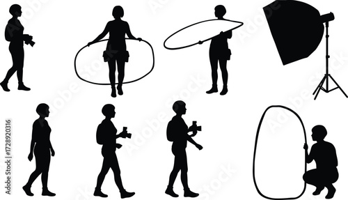 Photography silhouette illustration, studio setup, camera operator, reflector pose, softbox lighting, black icon set, photo shoot activity, minimal design