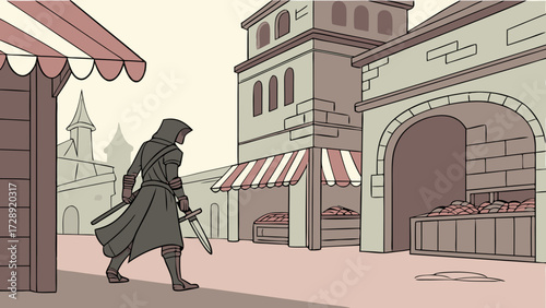 A hooded assassin walks through a medieval marketplace, holding a sword.
