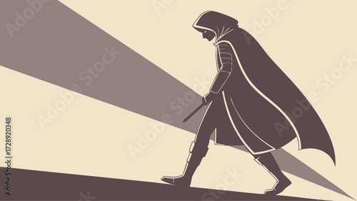 A silhouetted figure in a hooded cloak walks purposefully up a ramp, casting a long shadow.
