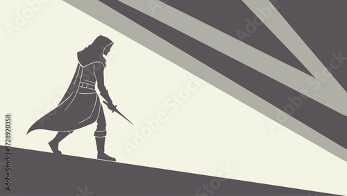 A lone hooded figure, possibly an assassin or warrior, walks uphill with a dagger, depicted in a stark, high-contrast, minimalist style.