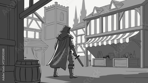 A cloaked figure stands in a medieval town square, sword drawn.