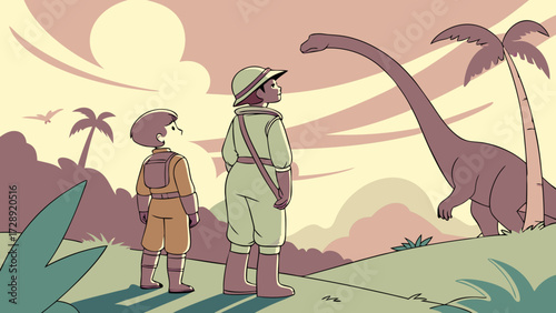 Two young explorers in safari outfits observe a towering long-necked dinosaur in a prehistoric landscape with palm trees and a warm sky.