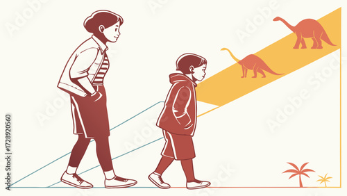 Illustration of two people walking, with dinosaurs in the background, and palm trees.