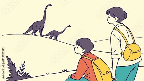 Two people observing two long-necked dinosaurs in a field, with a yellow backpack.