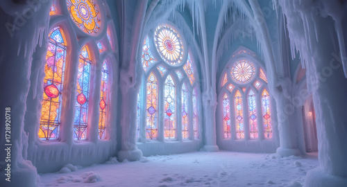 Frozen Cathedral Interior with Stained Glass