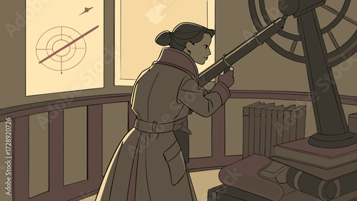 Illustration of a woman in a trench coat using a telescope in an observatory, with a flight path chart on the wall.