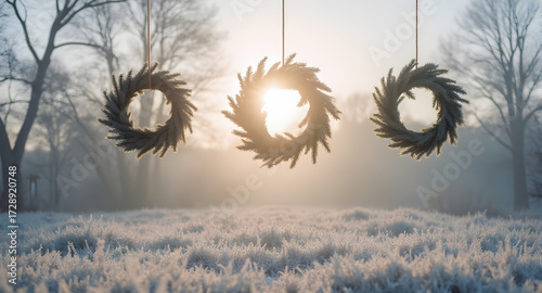 Hanging Wreaths in Winter Landscape