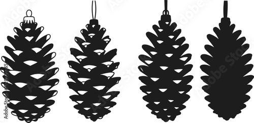 Pine cone silhouette, hanging ornament, black vector, nature shape, botanical design, holiday decor, minimal art, forest element, seasonal graphic, cone set