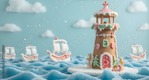Gingerbread Lighthouse and Ships Christmas Scene