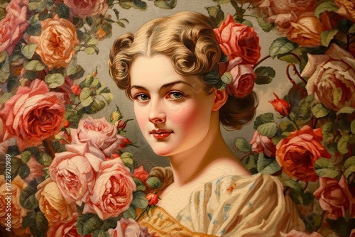 A vintage portrait of a beautiful woman with an elegant updo and delicate roses gazes thoughtfully from within a lush roses frame