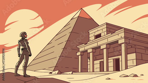 An astronaut in a spacesuit stands in a desert landscape, looking at an ancient Egyptian pyramid and temple under a large sun.