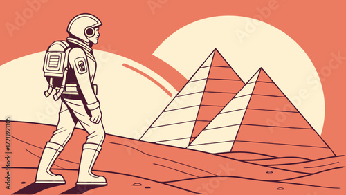 An astronaut-like figure explores a desert landscape with ancient pyramids under a large sun, rendered in a retro-futuristic graphic style.