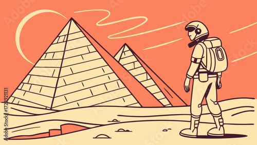 Astronaut explores pyramids in Egypt, with a desert landscape and orange sky.