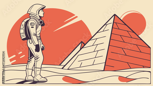An astronaut in a spacesuit explores a desert landscape with ancient pyramids under a red sun.