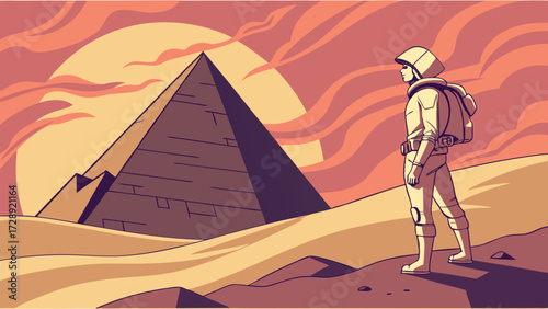 Retro science fiction illustration of an astronaut discovering a pyramid in a desert landscape at sunset.