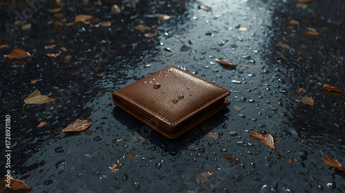 Brown Leather Wallet on Wet Pavement with Leaves