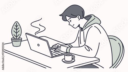 A minimalist line art illustration of a young person focused on working on a laptop at a desk with a steaming cup and a potted plant.