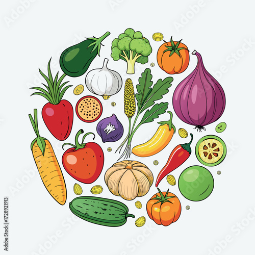 Colorful cartoon vegetables illustration, flat style, isolated on white background