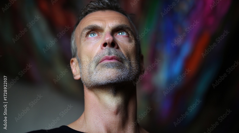 Fototapeta premium upper. Creative professional immersed in work, surrounded by vibrant abstract colors symbolizing ideas. wellbeing guides, coaching materials, designed for coaching and self-improvement content.
