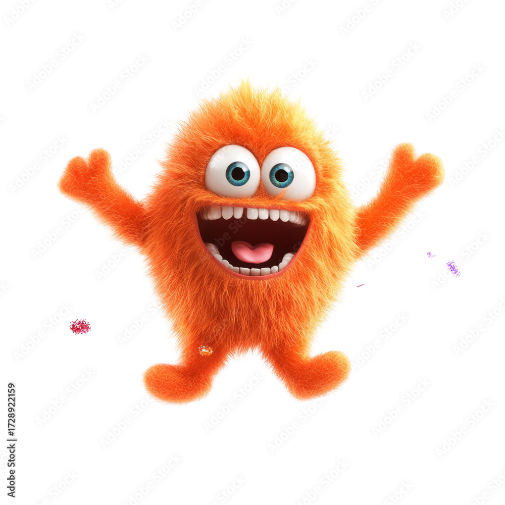 Obraz premium Joyful orange furry cartoon monster with big eyes and excited expression