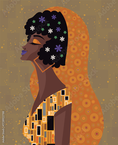 african woman with yellow veil and ornamental patterns