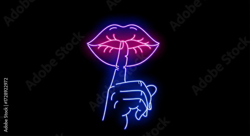 Neon lips and finger shushing sign