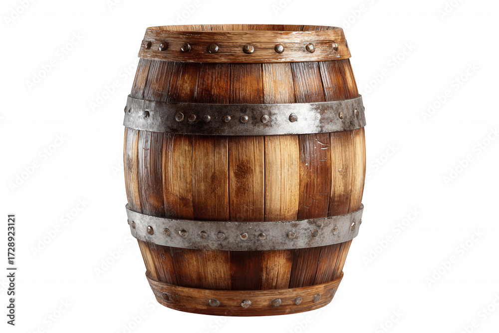 Fototapeta premium Wooden barrel with metal bands and rivets isolated on a transparent background timber