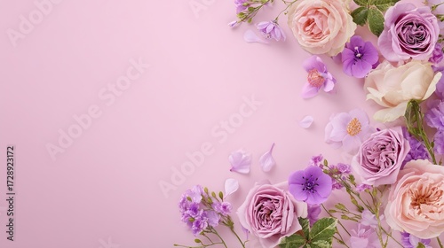 Light pink background with softly colored decorations in the corners, adorned with roses and other flowers, perfect for holidays, events, birthday backgrounds, weddings, or product displays.