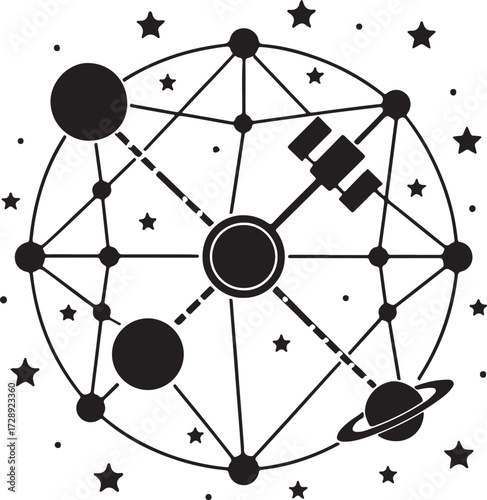 Satellite constellation black clipart, flat vector silhouette
