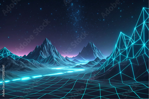 A neon glowing wireframe mountain range, futuristic sci-fi polygonal terrain, cinematic 3D digital art