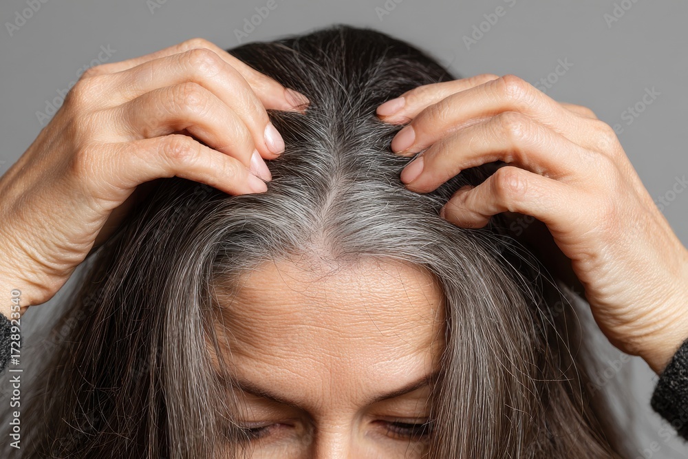 Fototapeta premium A woman with gray hair is scratching her head. She has a black shirt on