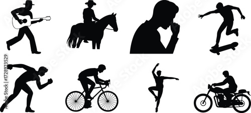 Silhouette activity icons, guitar player, horse rider, skateboard trick, ballet dancer, runner, cyclist, motorcycle rider, thoughtful pose, sports motion