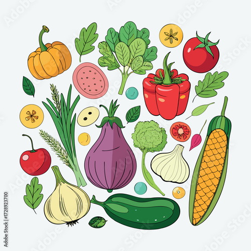 Colorful cartoon vegetables illustration, flat style, isolated on white background