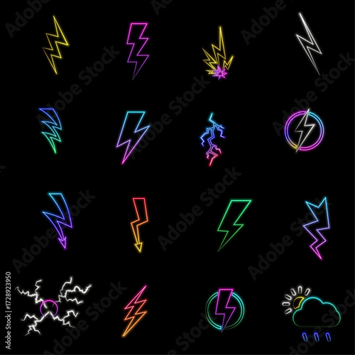 neon.Lightning icons, thunder symbols set.neon style. Thunderbolt, light, energy outline solid icons. vector icons