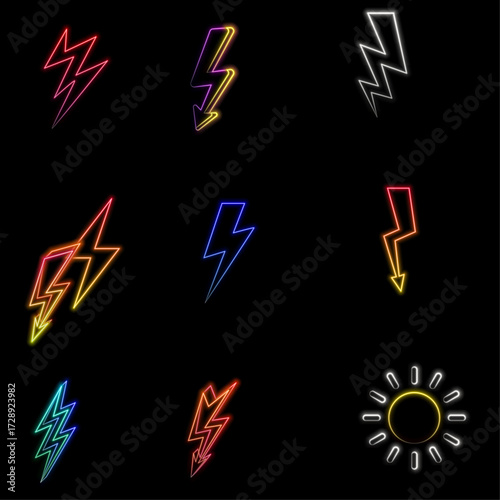 Set of blue lightning icons in neon style. neon lightning. ray.