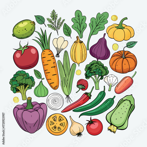 Colorful cartoon vegetables illustration, flat style, isolated on white background