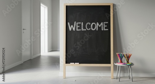 Welcoming Sign: A classic chalkboard display with the message WELCOME stands invitingly in a bright hallway, complemented by a small stool with colored pencils.